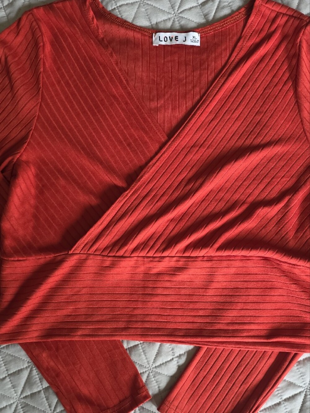 love J Coral-Red Ribbed Wrap Crop Top